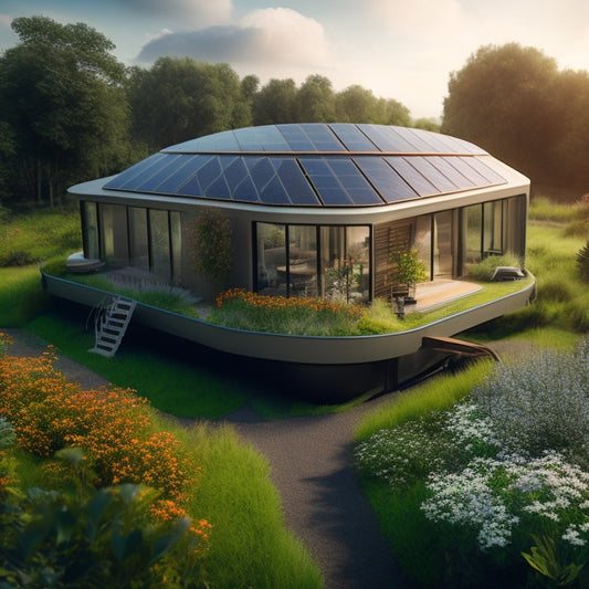 A futuristic eco-house made from repurposed shipping containers, with solar panels on the roof, surrounded by a lush green garden filled with blooming wildflowers and a winding wooden pathway.
