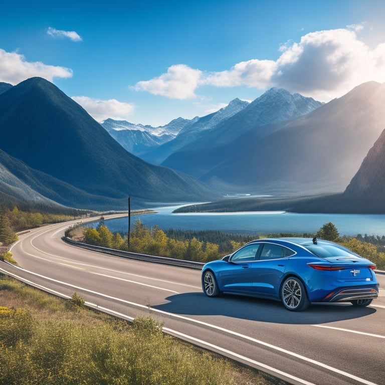 A scenic highway stretches into the distance, flanked by mountains and a bright blue sky, with a sleek electric vehicle in the foreground, plugged into a charging station adorned with greenery.