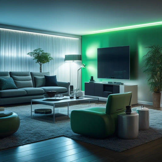 A modern living room with several devices plugged into sleek, futuristic outlets that display tiny LED lights and subtle animations, surrounded by a subtle green glow, conveying energy efficiency.