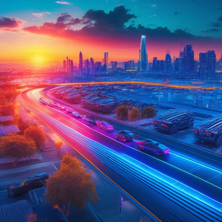 A futuristic illustration of a cityscape at sunset, with a fleet of electric vehicles plugged into solar panels on rooftops, surrounded by a network of glowing blue circuits and wires.