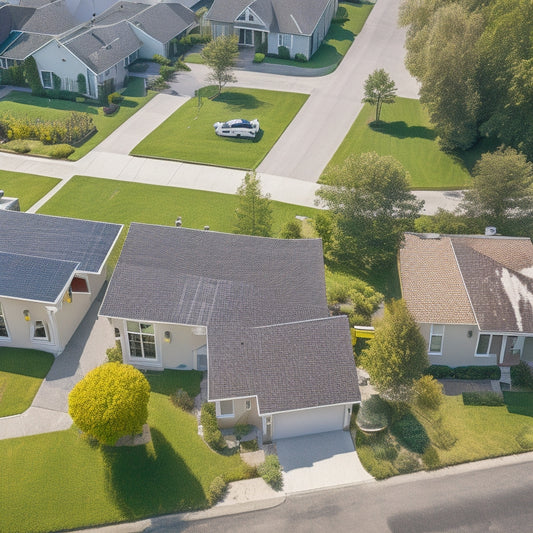 An aerial view of a residential neighborhood with various rooftops, some with solar panels, others with defects like missing or damaged shingles, and one with a drone inspecting it.