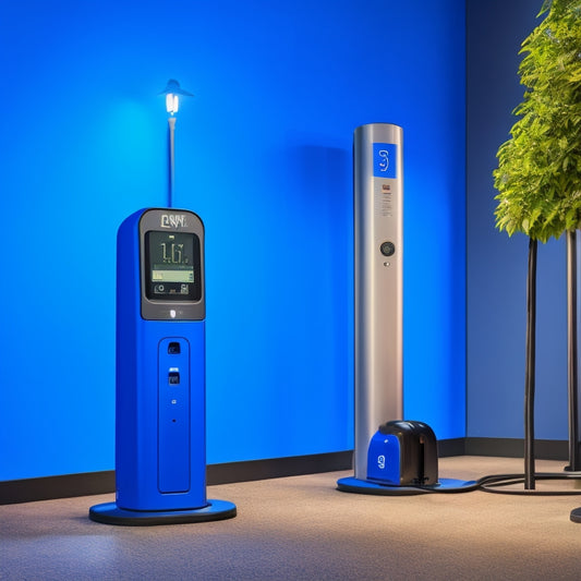 An illustration of a Level 3 EV charger, depicted in a bold, electric blue, standing tall next to a smaller, faded Level 2 charger, with a speedometer and clock in the background.