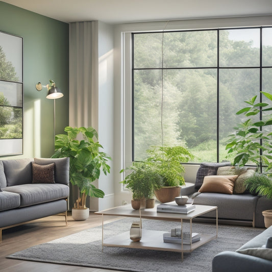 A modern living room with a large window, a sleek thermostat on the wall, and a subtle gauge in the corner displaying a decreasing energy meter, surrounded by lush green plants and soft natural light.