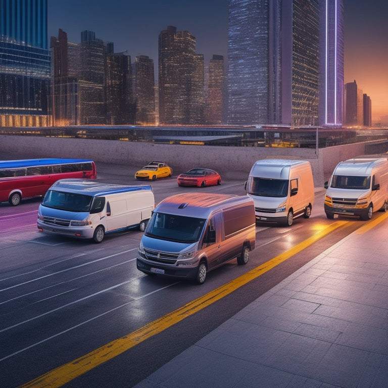 A futuristic, high-angle illustration of a fleet of vans parked in a modern, sleek garage, with colorful, glowing charging cables and stations surrounding them, amidst a subtle cityscape backdrop.