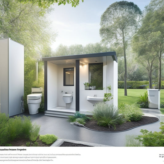 An illustration of a modern home with a greywater toilet system, showcasing a bathroom with a low-flow toilet, a water-efficient showerhead, and a lush green garden irrigated by the reused water.