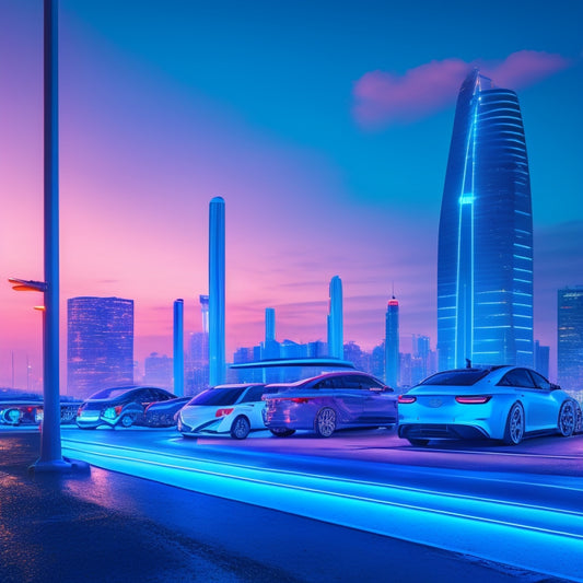 An illustration of a futuristic cityscape at dusk, with sleek, modern electric vehicles parked at a row of charging stations, each with glowing blue lights and sleek, curved designs.