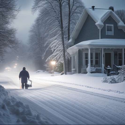 A serene winter landscape: a snow-covered driveway, a person in the distance operating a sleek electric snow blower, snowflakes gently falling, with a subtle mist of snow dust surrounding the blower.