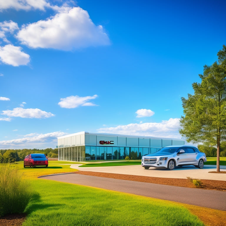 A scenic landscape with a GMC electric vehicle parked in front of a modern dealership building, surrounded by lush greenery and a bright blue sky with a few white, puffy clouds.