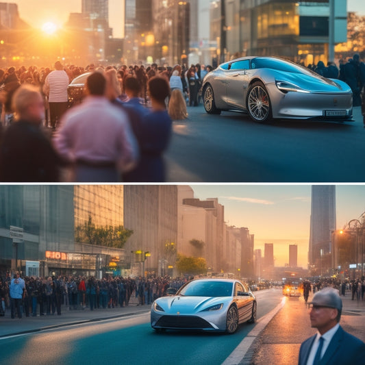 A split-screen image featuring a sleek, silver electric vehicle on a city street at sunset, juxtaposed with a protest scene of people holding signs and chanting, set against a blurred cityscape background.