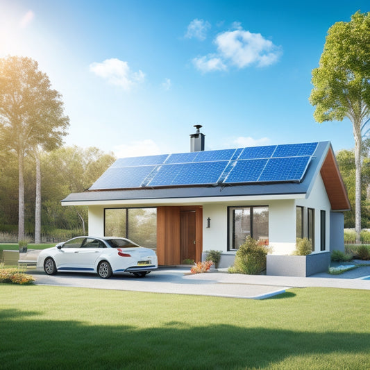 A serene, modern solar-powered home with a bright blue sky and lush greenery surrounding it, featuring a mix of solar panels, a charging electric vehicle, and a subtle money bag icon on the roof.