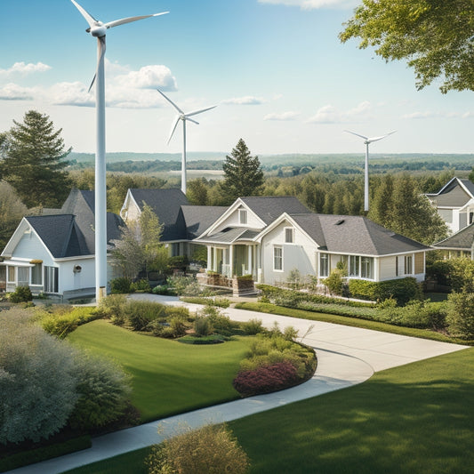A serene suburban neighborhood with a few modern homes, each with a sleek, white, vertical-axis silent wind turbine installed on the rooftop, surrounded by lush greenery and a clear blue sky.