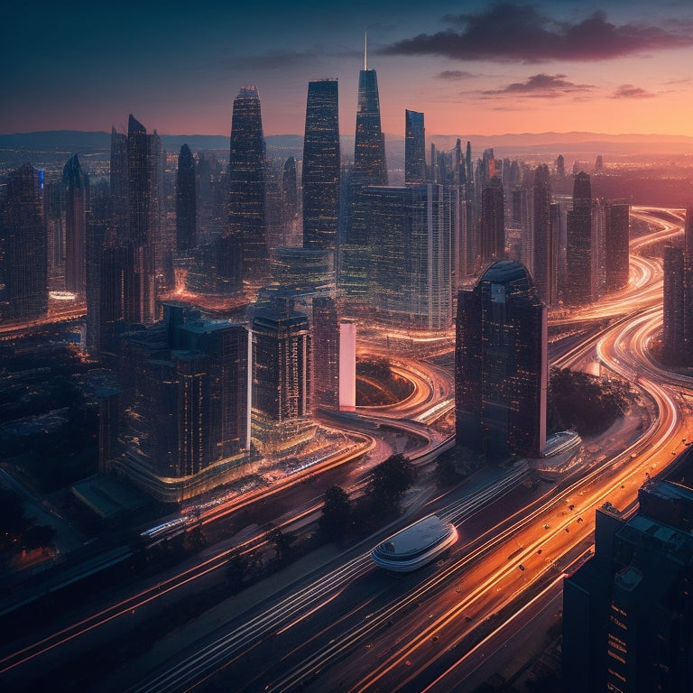 A futuristic, high-tech cityscape at dusk with sleek skyscrapers, illuminated roads, and a prominent, glowing power grid in the foreground, showcasing Eaton's innovative solutions.