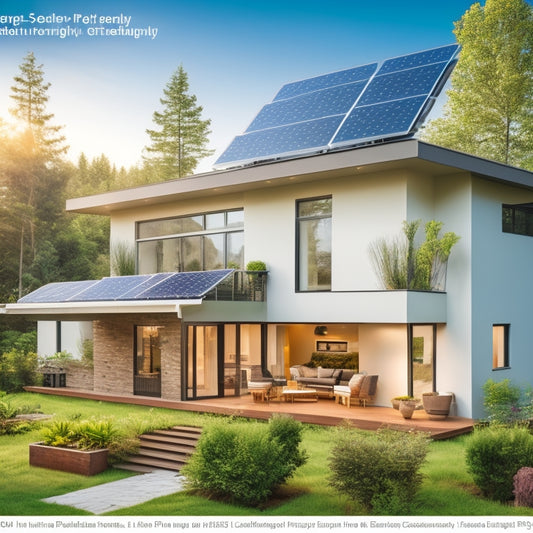 A modern, eco-friendly home with a rooftop solar panel array and a smart energy monitor on the wall, displaying a vibrant, curved graph of electricity generation, surrounded by lush greenery.