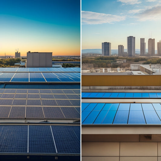 A split-screen image featuring a well-maintained commercial rooftop with solar panels on one side, and a neglected rooftop with dirty, worn-out panels on the other, with contrasting bright and dull colors.