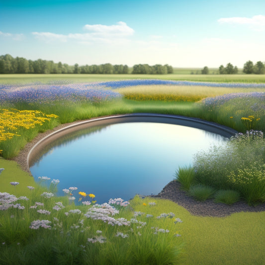 An illustration of a serene, lush green landscape with a subtle, curved pipe disappearing into the earth, surrounded by blooming wildflowers and a few butterflies, with a faint, eco-friendly wastewater treatment facility in the background.