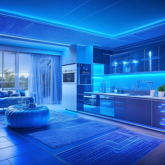 A modern home with various smart devices and appliances, surrounded by glowing blue lines and nodes, interconnected to a central hub, conveying energy efficiency and optimization.