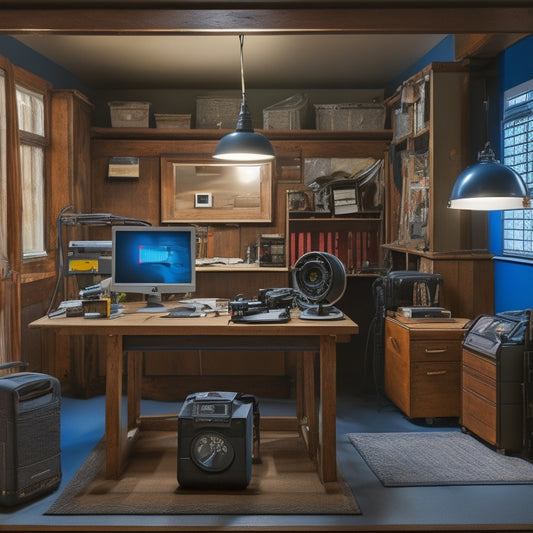 A clutter-free, well-lit workspace with a variety of energy audit tools laid out, including a thermal imaging camera, a multimeter, and a blower door, surrounded by scattered blueprints and a laptop.