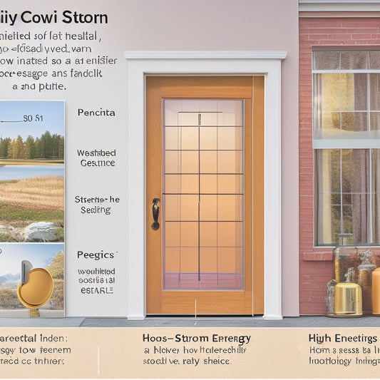 A diagram showcasing a storm door with magnified sections highlighting energy-efficient features: insulated core, weatherstripping, and low-E glass, surrounded by a warm-toned exterior with a subtle gradient of sunlight.