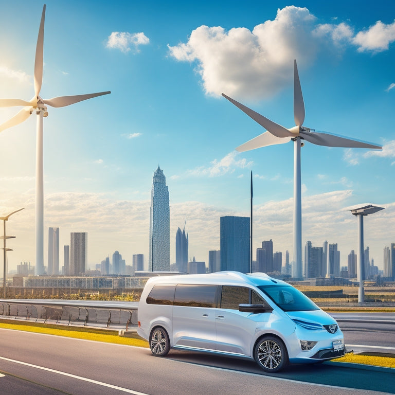 An illustration depicting a fleet vehicle with a sleek, aerodynamic roof-mounted solar panel and wind turbine, set against a bright blue sky with fluffy white clouds, amidst a cityscape with tall skyscrapers.