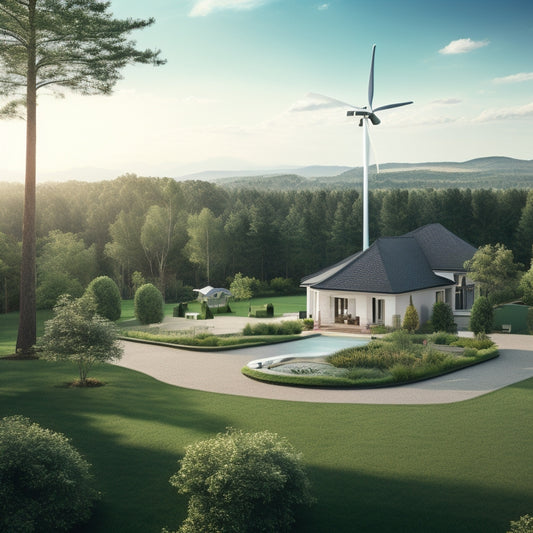 A serene landscape with a modern suburban home in the distance, surrounded by lush greenery, featuring three sleek wind turbines of varying sizes installed on the roof and in the backyard.