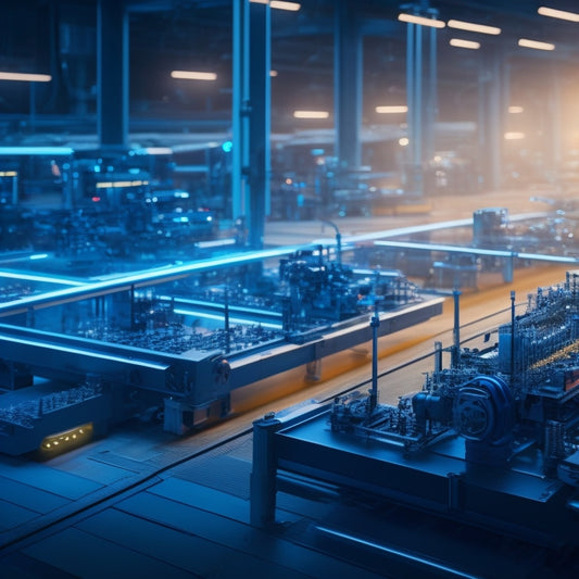A futuristic factory landscape with sleek, silver electric vehicles in various stages of production, surrounded by robotic arms, conveyor belts, and glowing blue circuits.