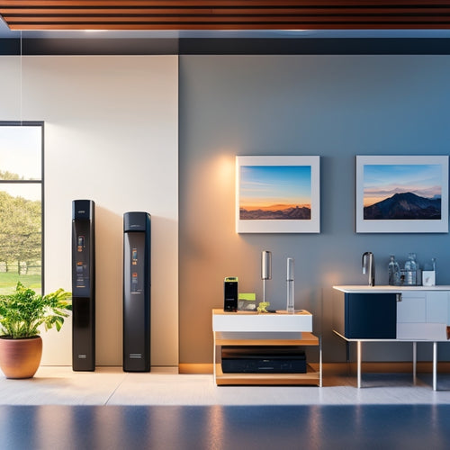 A stylized illustration of a modern home with various home battery systems, including LG Chem RESU, Sonnen eco, and SimpliPhi Power, installed in a sleek, minimalist environment with clean lines and subtle lighting.