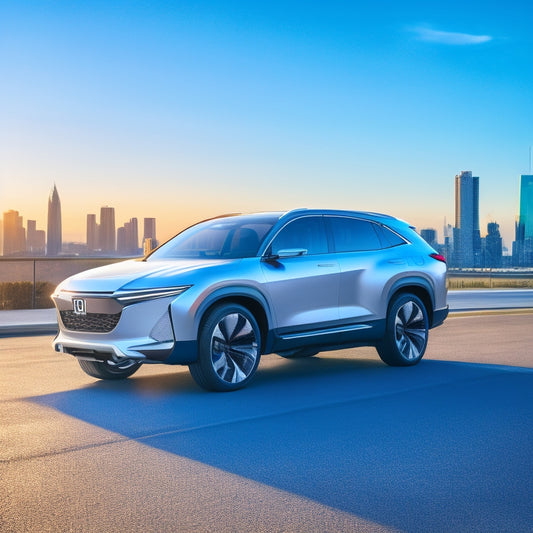 A futuristic, silver Honda Prologue 2024 SUV on a sleek, white background, with a subtle gradient effect, illuminated blue accents, and a hint of cityscape in the distant blur.