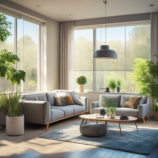 A modern living room with large windows, automated shades in a light gray color, partially open to reveal a sunny day outside, with a subtle glow on the interior walls, and a few plants scattered around.