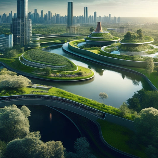 An illustration of a futuristic, verdant cityscape with verdant green roofs, wastewater gardens, and lush greenery, featuring a subtle network of pipes and canals that blend seamlessly into the urban landscape.