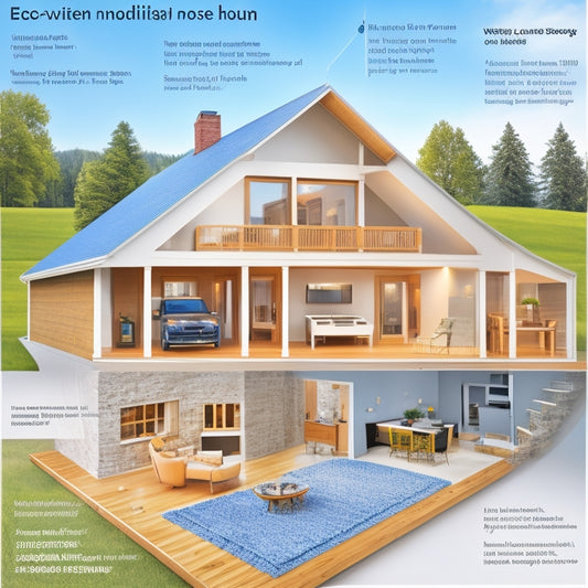 Illustrate a cutaway of a modern, eco-friendly home with various roof insulation techniques: fiberglass batts in the attic, radiant barrier on the roof deck, and spray foam insulation in the eaves.