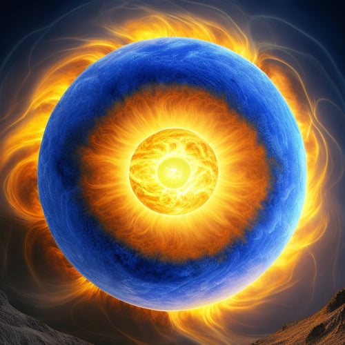 A stylized illustration of the Earth's core radiating warm, golden light, merging with vibrant, yellow-orange solar flares, surrounded by swirling clouds and wispy atmospheric tendrils, set against a deep blue background.