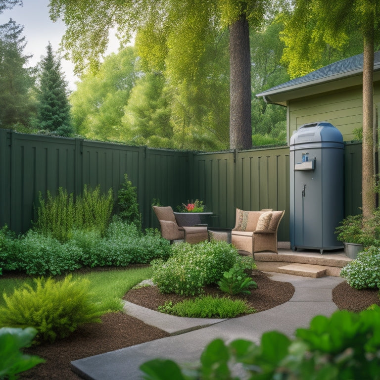 A serene residential backyard with lush greenery, featuring a modern smart rainwater controller unit mounted on a wall, connected to a rainwater harvesting tank and a sprinkler system.