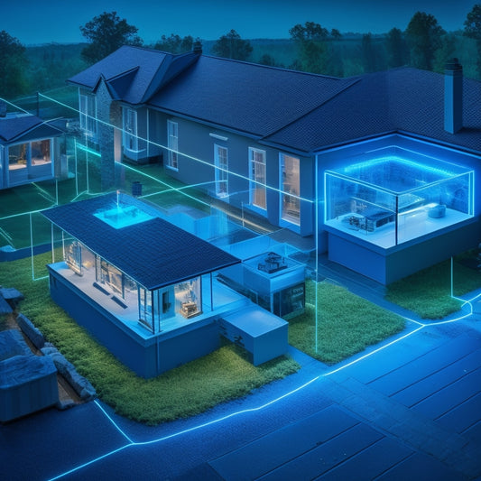 An illustration of a modern home's electrical grid, with glowing blue lines representing energy flow, highlighting smart outlets with built-in meters and USB ports, amidst a background of subtle circuit board patterns.