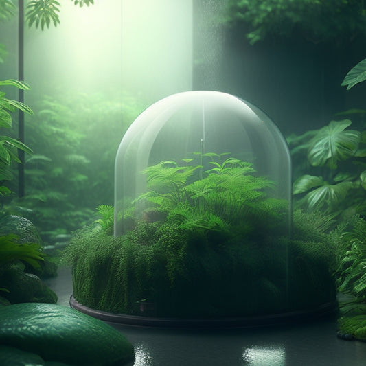 A serene illustration of a hydroponic garden thriving beneath a translucent rainwater collection tank, surrounded by lush greenery, with droplets falling gently from the roof above.