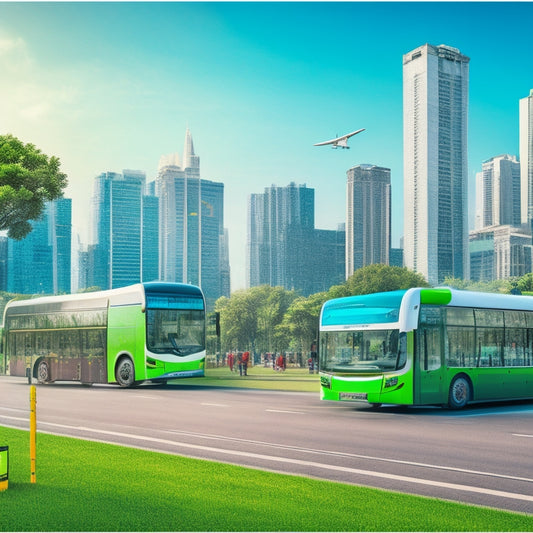 A futuristic illustration of an Indian cityscape with electric buses and trucks replacing traditional vehicles, surrounded by greenery and clean energy symbols, with a subtle Indian flag-inspired color scheme.