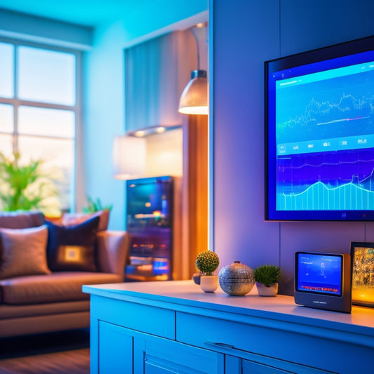 A modern home interior with various smart devices (thermostat, outlets, bulbs) illuminated, surrounded by swirling lines and graphs, converging on a central tablet displaying a dashboard with energy usage charts.