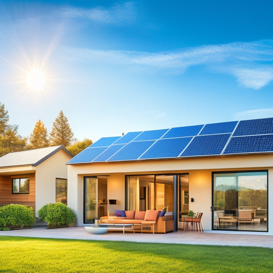 A modern home with solar panels on the roof, a tablet in the foreground displaying a dashboard with colorful graphs, charts, and gauges, surrounded by lush greenery and a sunny sky.