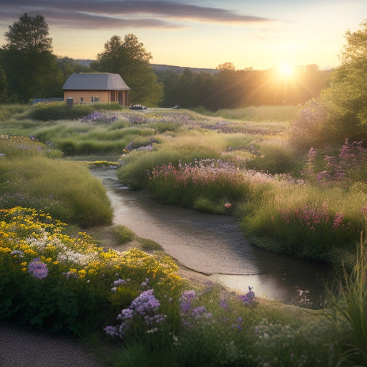 A serene landscape with a subtle, winding pipe system underground, surrounded by lush greenery and vibrant wildflowers, with a warm, cozy home in the background, emitting a soft, golden glow.