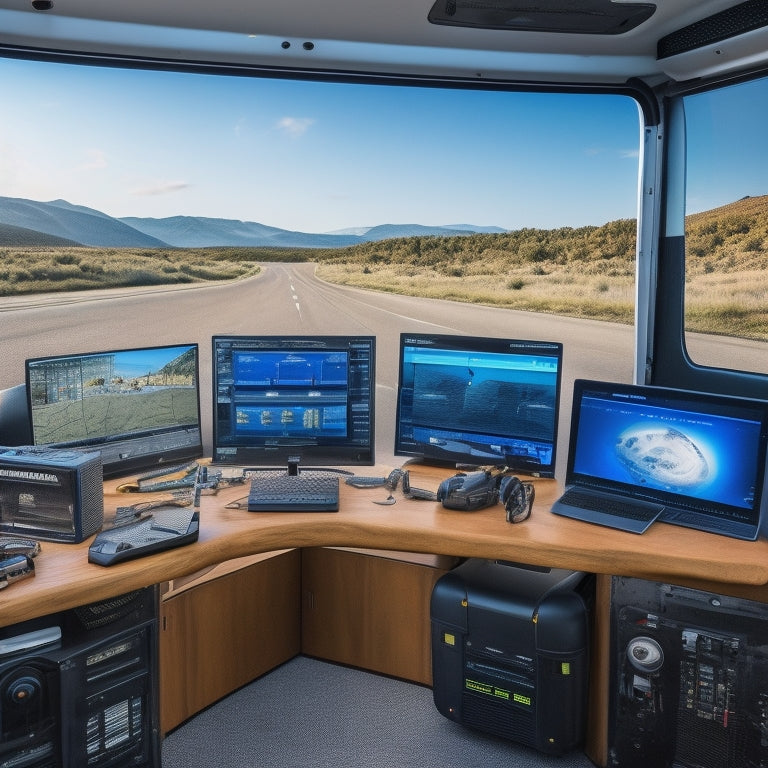 A futuristic dashboard with various screens displaying vehicle diagnostics, a laptop and smartphone nearby, surrounded by RV and fleet vehicle parts, with wires and tools scattered around.