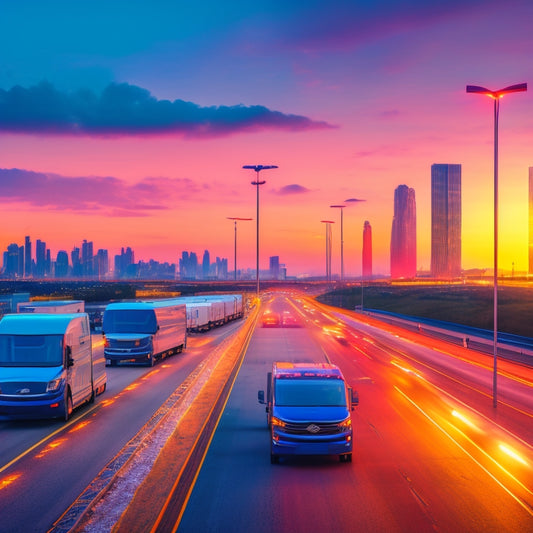 A futuristic cityscape at dusk with sleek, electric commercial vehicles, including trucks, buses, and vans, humming along a highway lined with neon-lit skyscrapers and wind turbines.