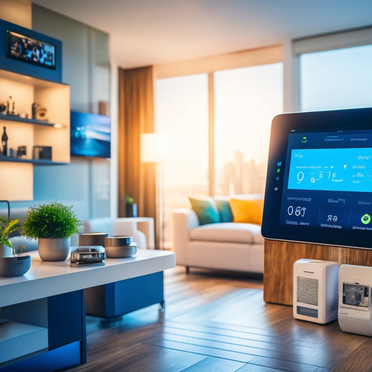 A modern smart home interior with a tablet displaying a smart home app, surrounded by automated devices such as a thermostat, lights, and security cameras, set against a blurred cityscape background.