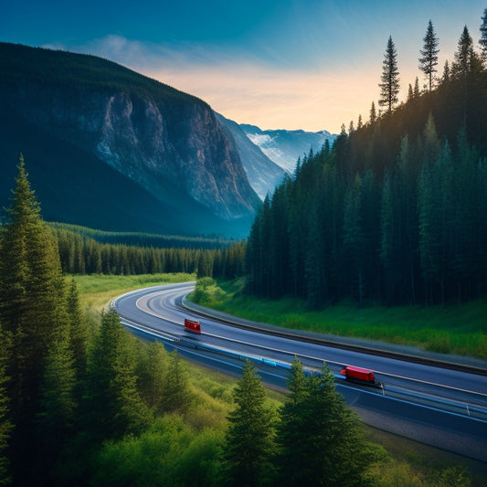 An illustration of a serene British Columbia landscape with a sleek, electric semi-truck driving along a winding highway, surrounded by lush green forests and mountains, with a faint electric blue glow trailing behind it.