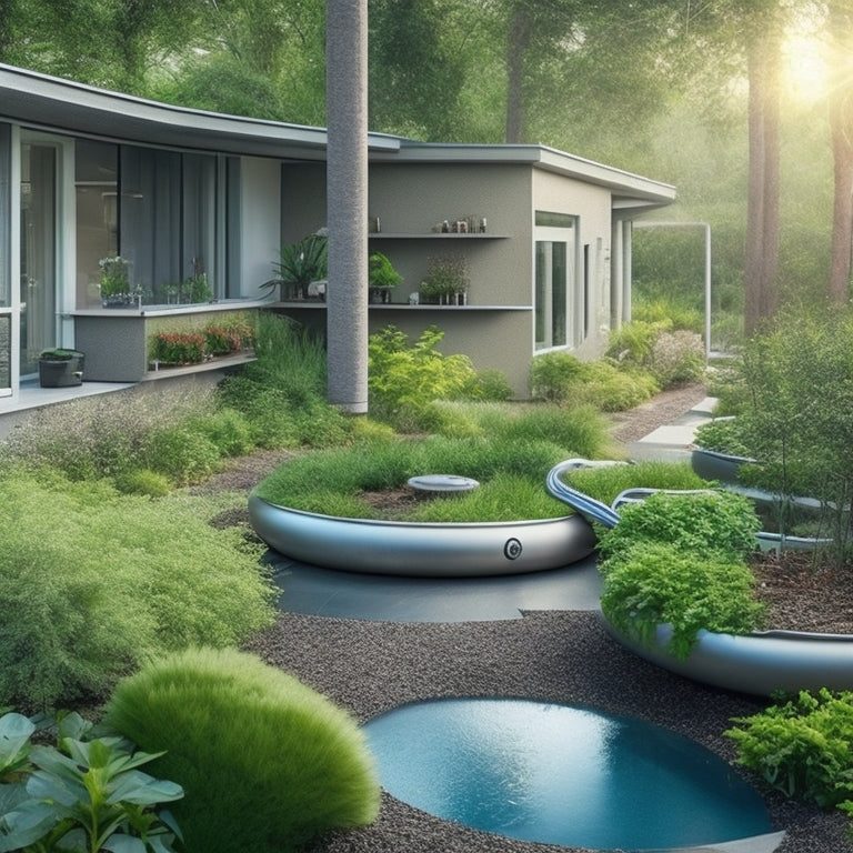 A serene, modern home with lush greenery, surrounded by a network of pipes and tubes, showcasing a futuristic greywater reuse system, with water flowing from sinks to irrigate a thriving garden.