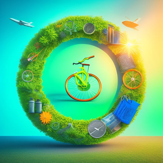 A vibrant, stylized illustration of a green leaf sprouting from a coin, surrounded by icons of eco-friendly practices (recycling bins, bicycles, solar panels) in a circular arrangement, radiating outward in a burst of energy.