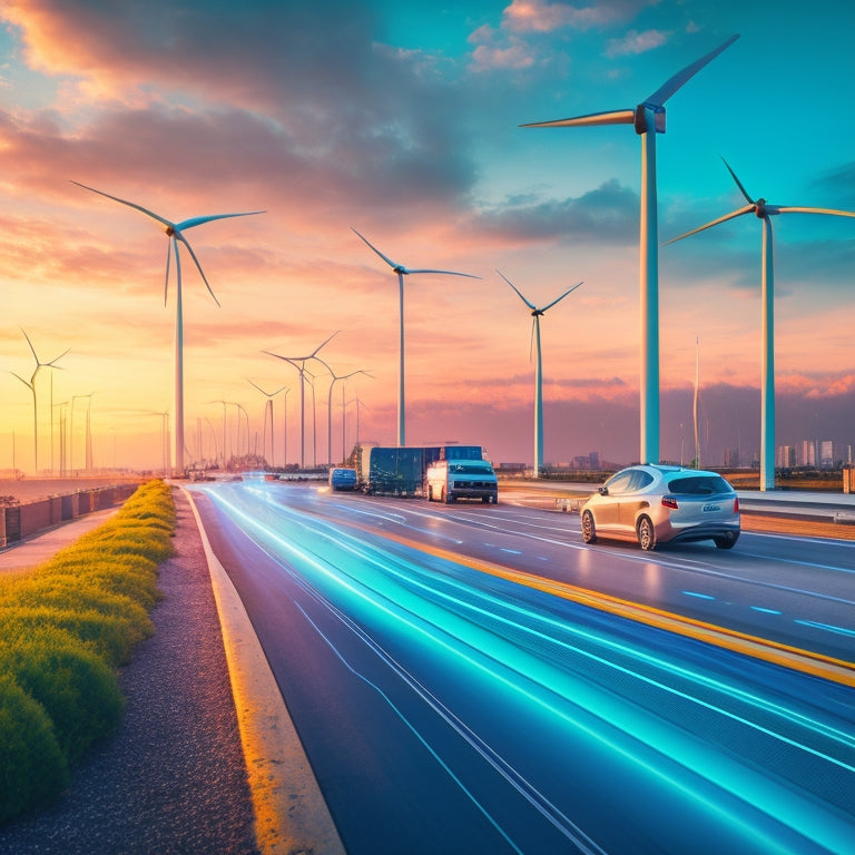 A futuristic cityscape with sleek, aerodynamic electric cars zooming by, their LED lights illuminating the pavement, amidst a backdrop of charging stations, wind turbines, and a bright blue sky.