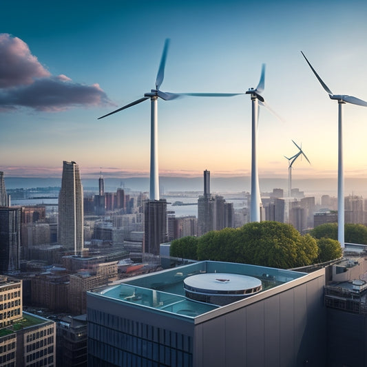 A modern urban rooftop with sleek, silver micro wind turbines spinning gently amidst a backdrop of skyscrapers, with a subtle green glow emanating from the turbines, symbolizing eco-friendliness.
