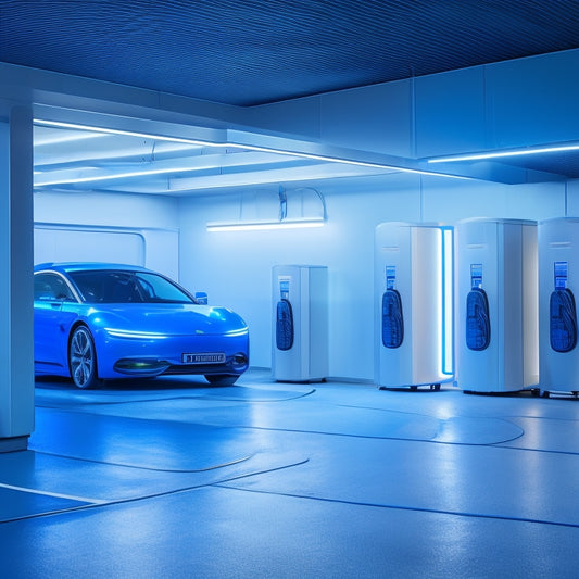 A futuristic garage interior with sleek, silver EV chargers and a minimalist aesthetic, featuring a large, circular air purification unit with glowing blue lights and gentle, swirling mist.