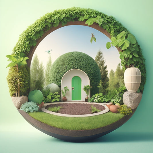 A serene, minimalist illustration featuring a calm, green-hued planet Earth surrounded by gentle, swirling leaves and vines, with a tidy, eco-friendly home in the foreground, complete with a recycling bin and potted plants.