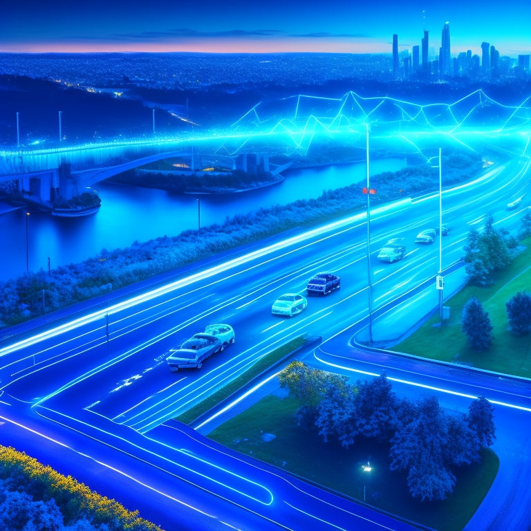 A stylized illustration of Poland's map with electric vehicle charging stations marked as bright, glowing blue bolts, amidst a network of roads and highways, set against a vibrant, electric blue background.