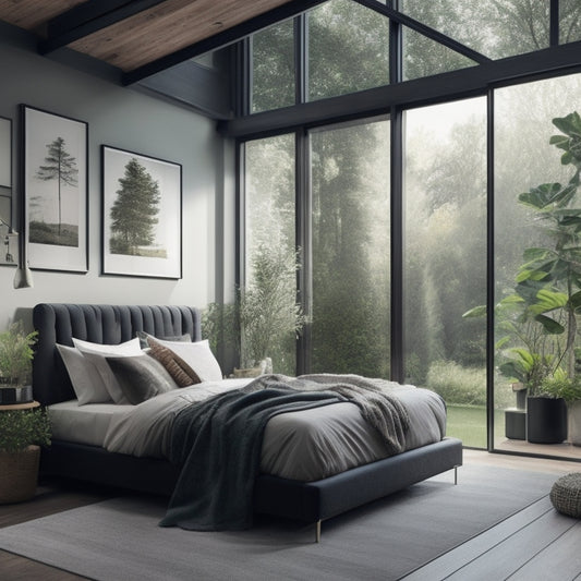 A serene bedroom with a plush bed, surrounded by lush greenery and large windows, with a subtle glimpse of a sleek, black solar panel installation on the roof outside.